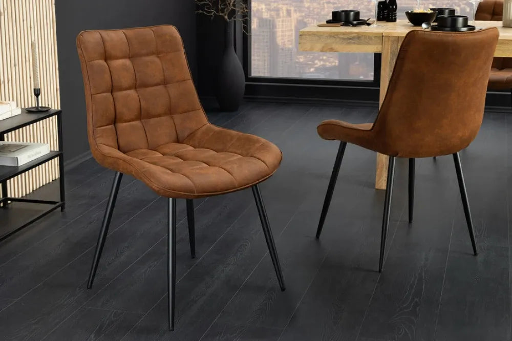 Set 4 scaune tapitat cu Microfibra Maro cognac si picioare din Metal Negru H85xL51xA59cm ROADSTAR