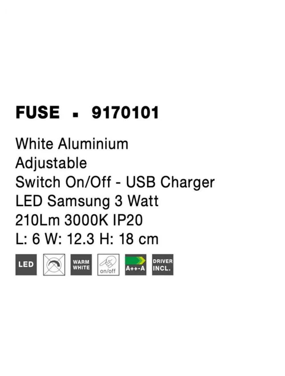 Aplica de perete din Aluminiu Alb H18xL6cm IP20 3W 210lm 3000k FUSE