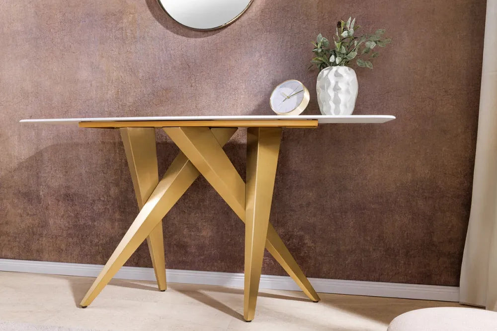 Consola din Ceramica Alb cu efect de marmura si Metal Auriu L140xH75cm ART LIVING