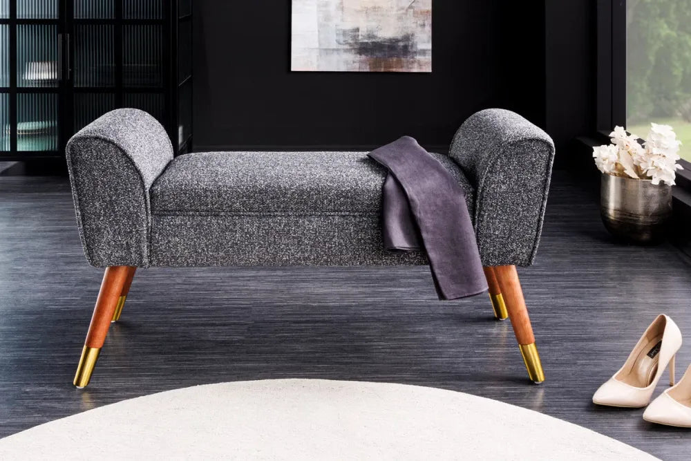Bancheta din Lemn/Metal Maro/Auriu si Stofa boucle Gri H56xL90cm Scarlett