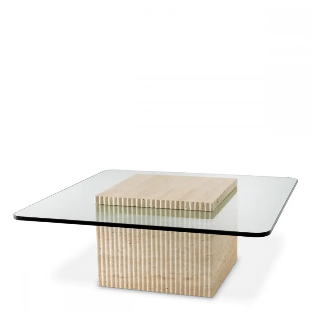 Masuta de cafea Patrata din Travertin Bej si Sticla Transparent L90xl90cm Brindisi Eichholtz