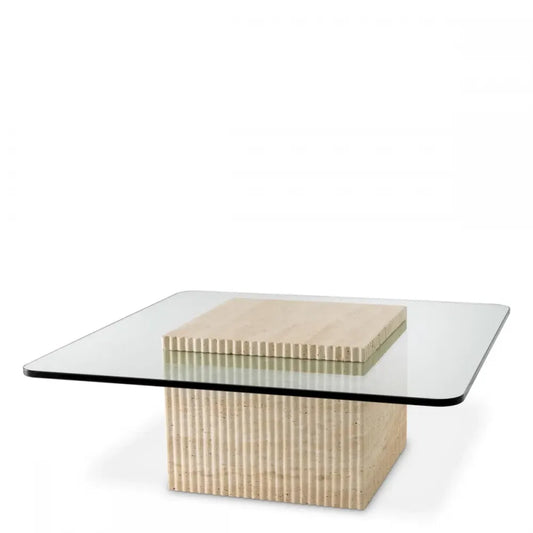 Masuta de cafea Patrata din Travertin Bej si Sticla Transparent L90xl90cm Brindisi Eichholtz