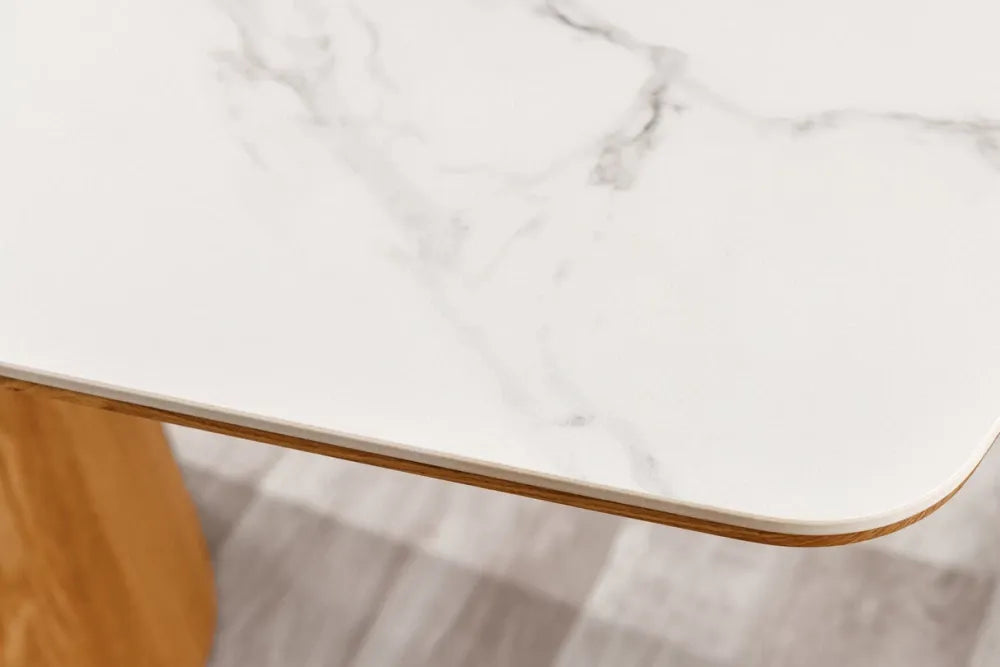 Masa din Ceramica Alb cu efect de marmura si Furnir de stejar Maro L200xH76cm Unique
