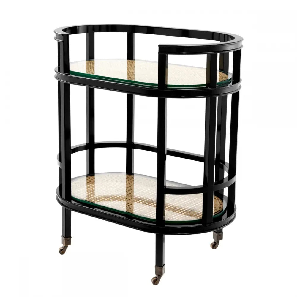 Carucior de servire Ovala din Lemn de mahon Negru si Ratan/Sticla Bej/Transparent L71xl44cm Bahamas Eichholtz