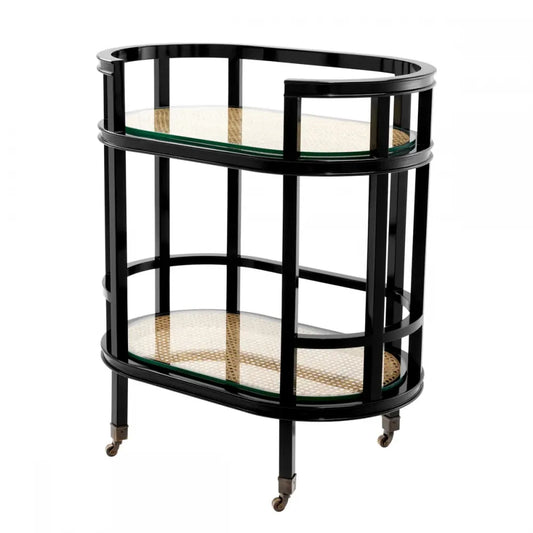 Carucior de servire Ovala din Lemn de mahon Negru si Ratan/Sticla Bej/Transparent L71xl44cm Bahamas Eichholtz