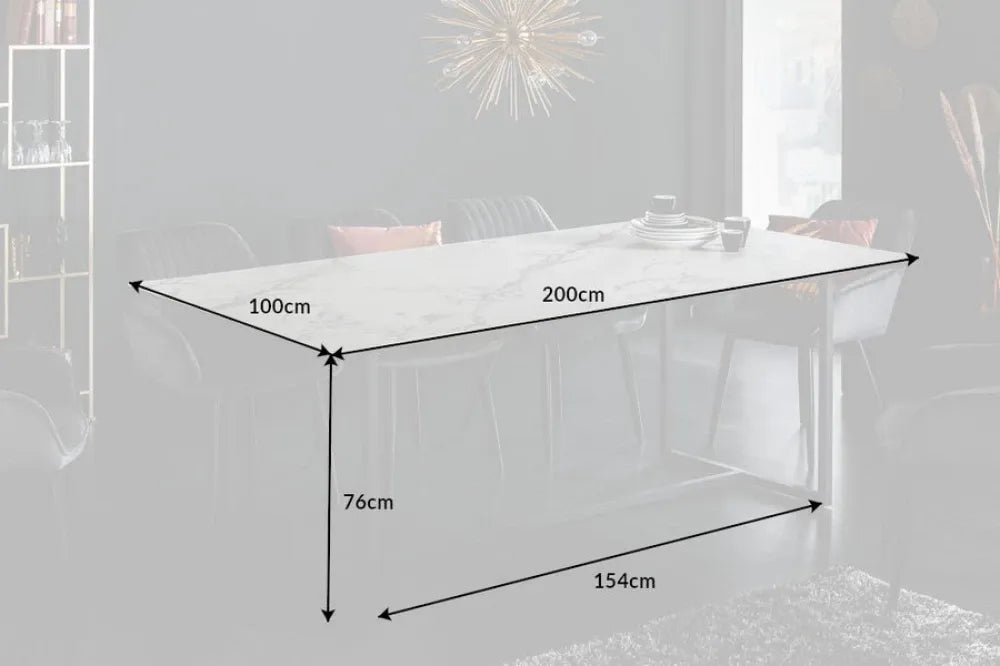 Masa din Sticla securizata/ceramica Alb cu efect de marmura si Metal Negru L200xH76cm Symbiose