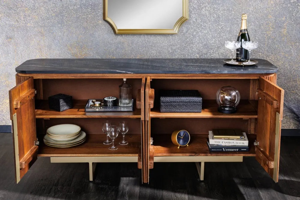 Comoda din Marmura Negru si Lemn de mango/Metal Maro/Auriu L160xH75cm GATSBY