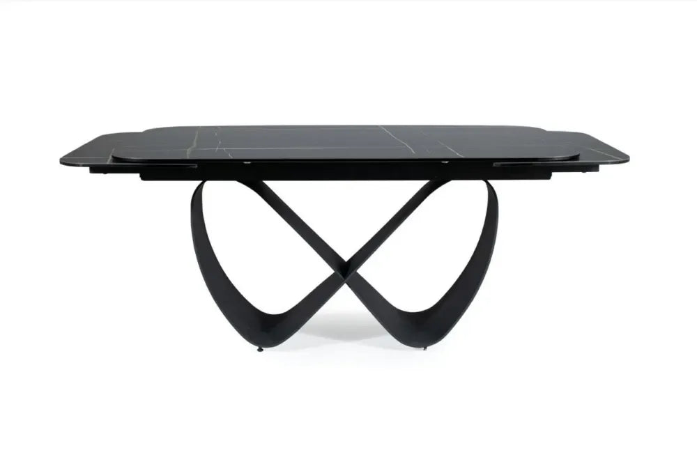 Masa extensibila cu blat din Sticla securizata + Ceramica cu efect de marmura Negru cu baza din Metal Negru L160-240cm Infinity