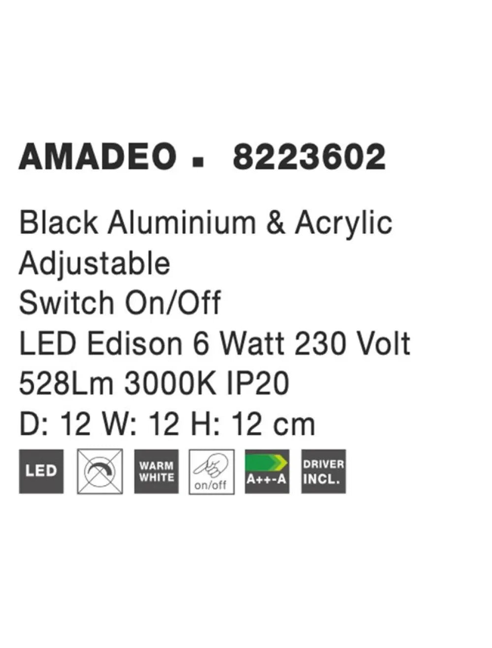 Aplica de perete structura din Aluminiu Negru si abajur din Acrilic Alb H12xL12cm IP20 6W 528lm 3000k AMADEO