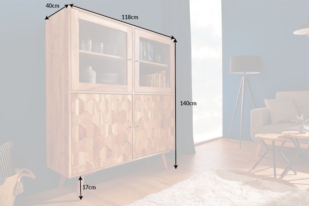 Vitrina din lemn masiv de salcam Mystic Living L118cm x H140cm x l40cm