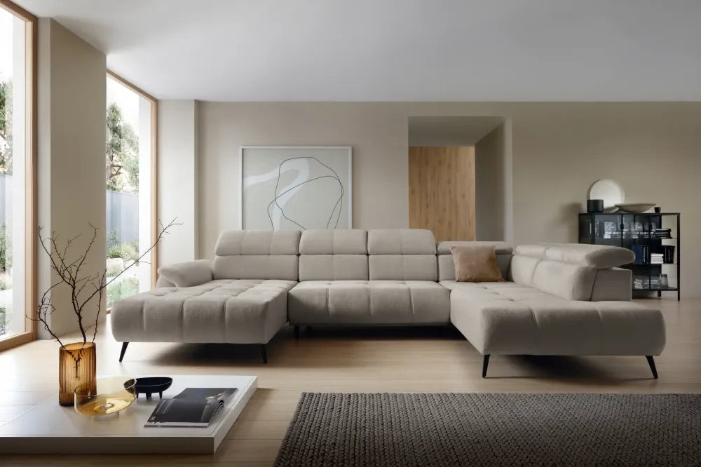 Coltar extensibil electric In forma de U  tapitat cu Chenille Bej cu lada depozitare Genova III