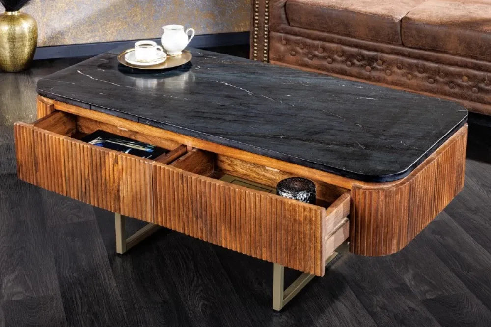 Masuta de cafea Dreptunghiulara din Marmura Negru si Metal/Lemn de mango Maro/Auriu L110xH46cm Gastsby
