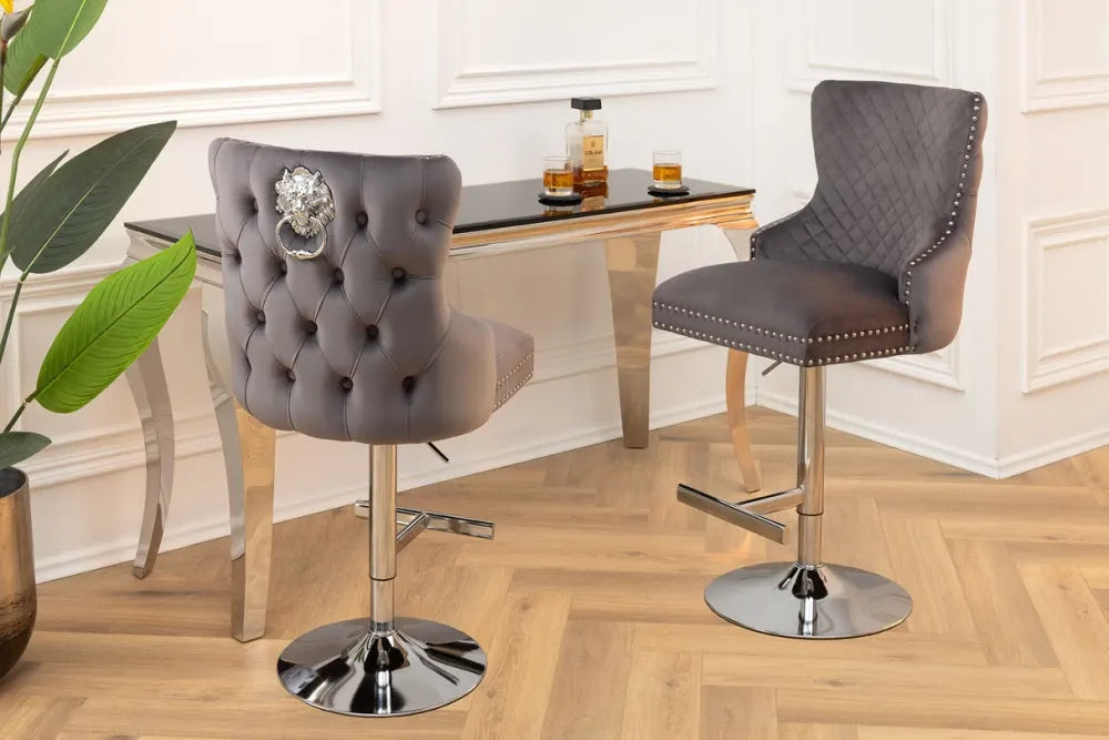Set 2 scaune de bar din Otel inoxidabil Argintiu si Catifea Gri H108-130xL50cm Castle