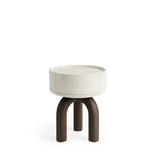 Noptiera rotunda cu sertar Arnold de culoare alb lucios si nuc L45xH53cm