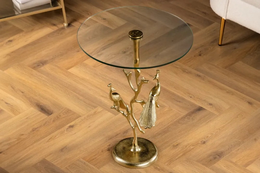 Masuta laterala din Sticla securizata Transparent si Metal Auriu D45xH58cm Wildlife peacock
