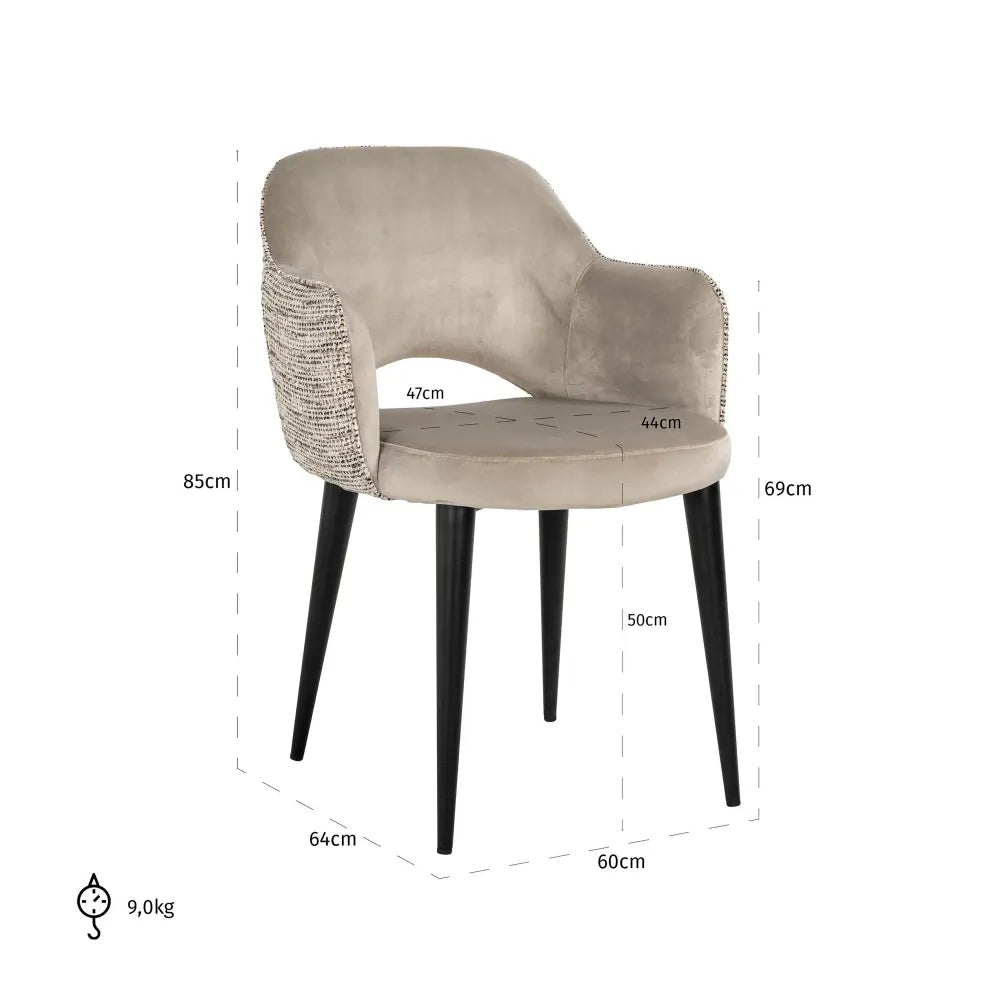Scaun tapitat cu Catifea/Stofa Gri/Bej cu picioare din Metal Negru H85xL60xA64cm Giovanna Richmond Interiors