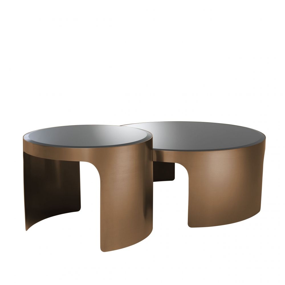 Set 2 masute de cafea Rotunde din Otel inoxidabil si Sticla securizata Maro/Negru D60/90xH38/47cm Piemonte