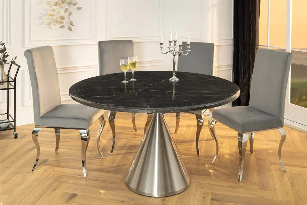 Masa din Marmura artificiala Negru si Metal Argintiu D130xH77cm Elegancia