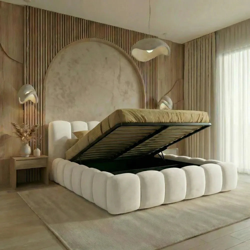 Pat tapitat cu material catifea Crem 160 x 200 Dallas slim