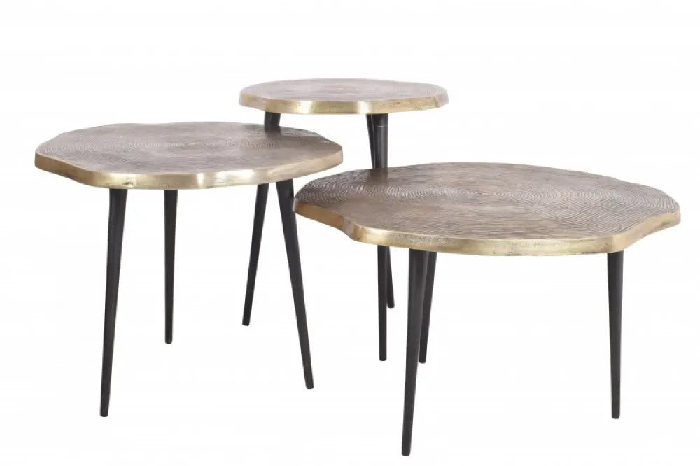 Set 3 masute laterale Asimetrice din Alama Auriu si Metal Negru L39/50/57xH37/43/49cm Organic