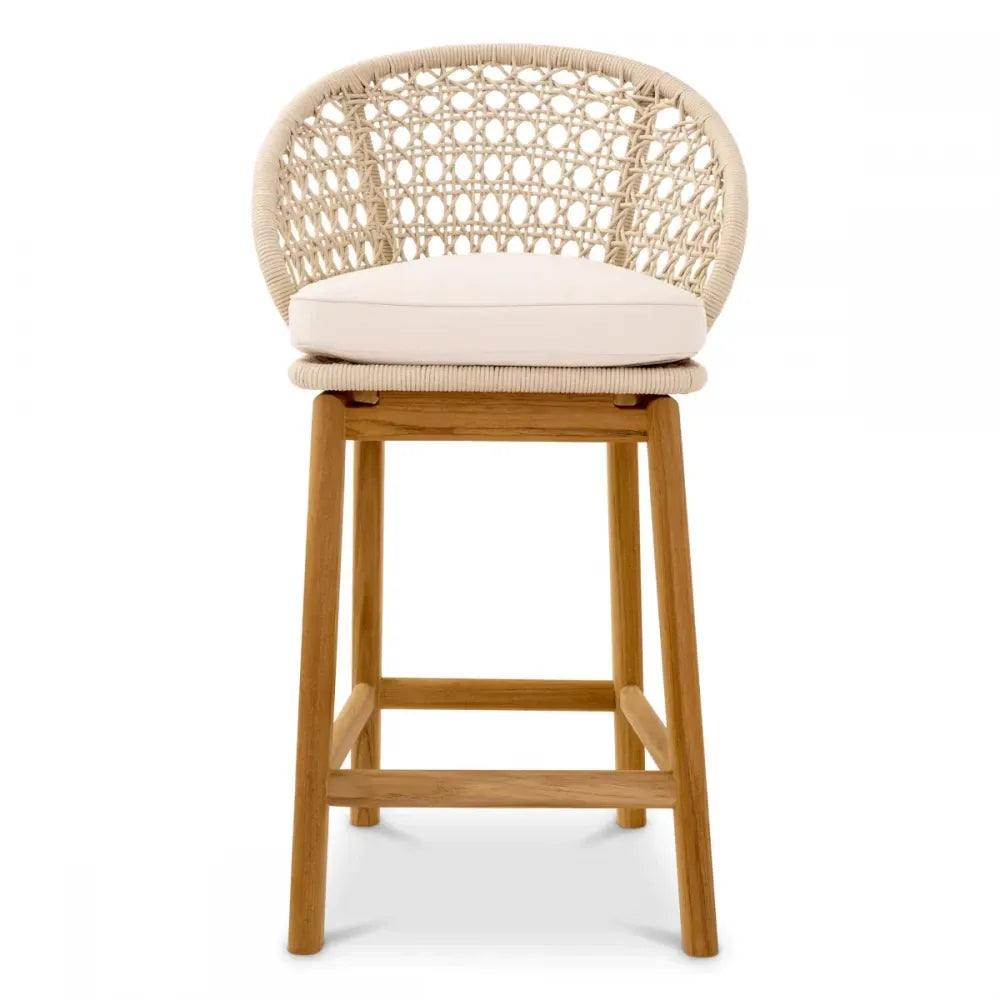 Scaun de insula pentru exterior din Lemn de tec Maro si Stofa Alb H92xL53.5xA41cm Trinity Eichholtz