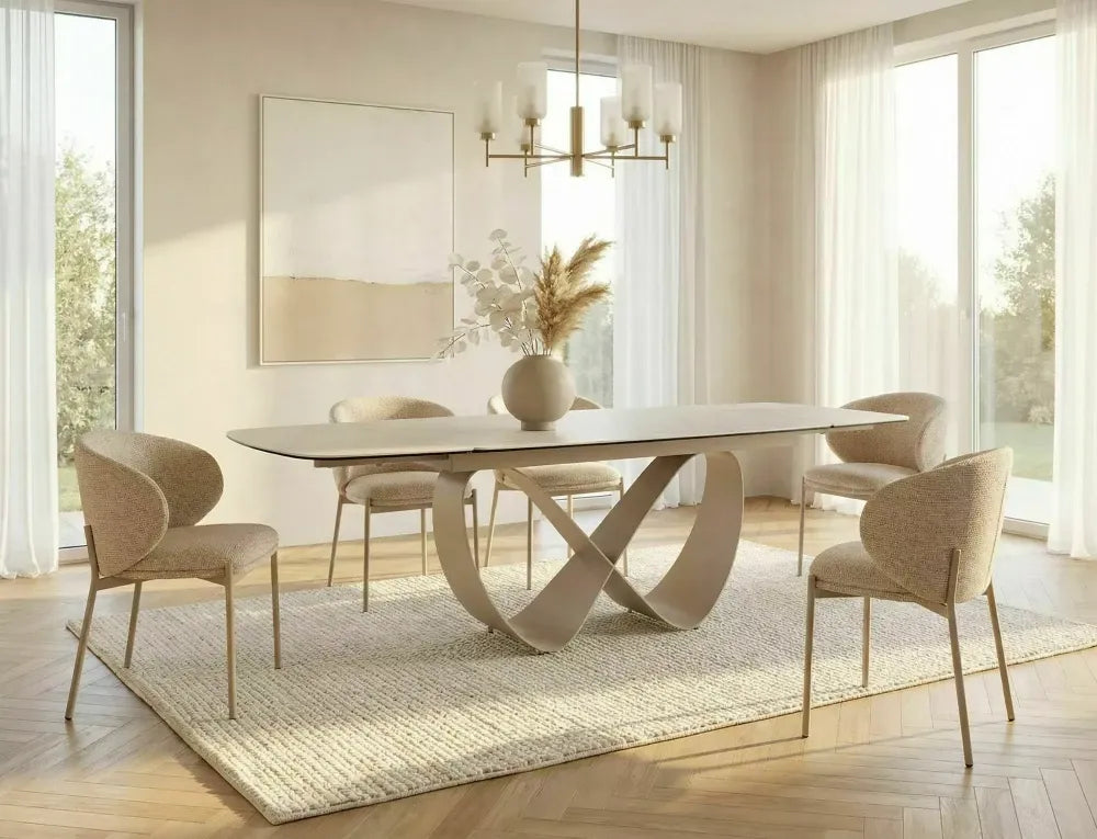 Masa extensibila din Metal Bej si Sticla securizata+Ceramica Bej mat L160-240xH76cm Infinity
