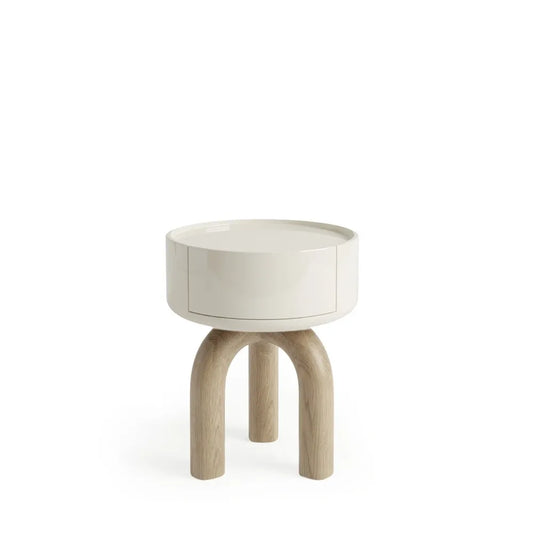 Noptiera rotunda cu sertar Arnold de culoare alb lucios si stejar L45xH53cm
