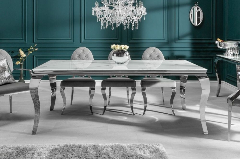 Masa dreptunghiulara din Sticla securizata Alb/Gri de 8 persoane L200x105cm Baroque