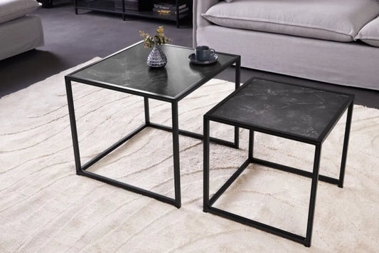 Set 2 masute laterale Patrate din Lemn stratificat Gri antracit si Metal Negru L40/50xH40/45cm Slim
