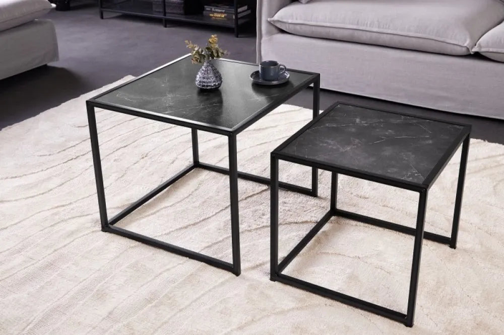 Set 2 masute laterale Patrate din Lemn stratificat Gri antracit si Metal Negru L40/50xH40/45cm Slim
