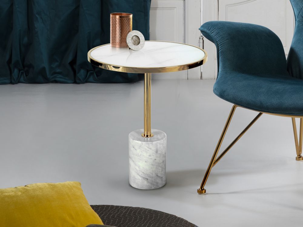 Masuta de colt rotunda din marmura si otel inoxidabil Alb/Auriu D46xH54cm Dekala