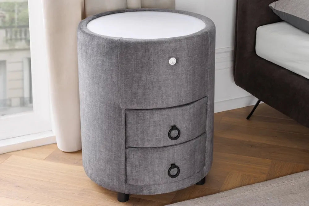 Noptiera rotunda cu iluminare din Catifea Gri si MDF Alb D45xH55cm SIGNUM