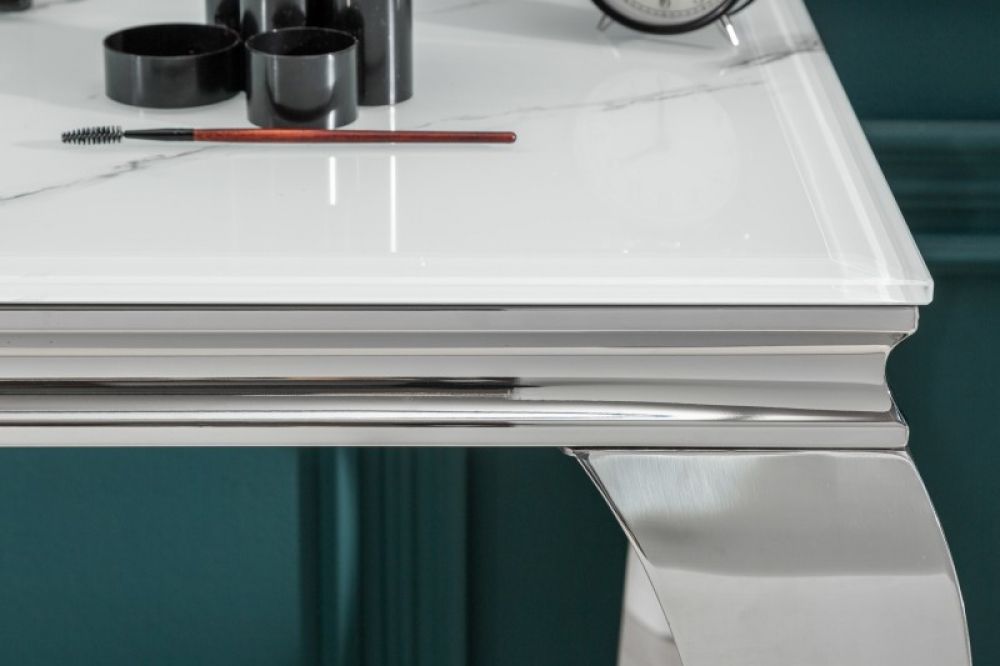 Consola din Sticla securizata si Otel inoxidabil alb/Argintiu Baroque L145xH75cm
