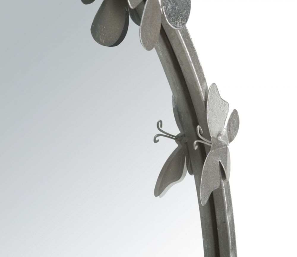Oglinda Rotunda cu rama din Metal Argintiu Fluturi D91cm