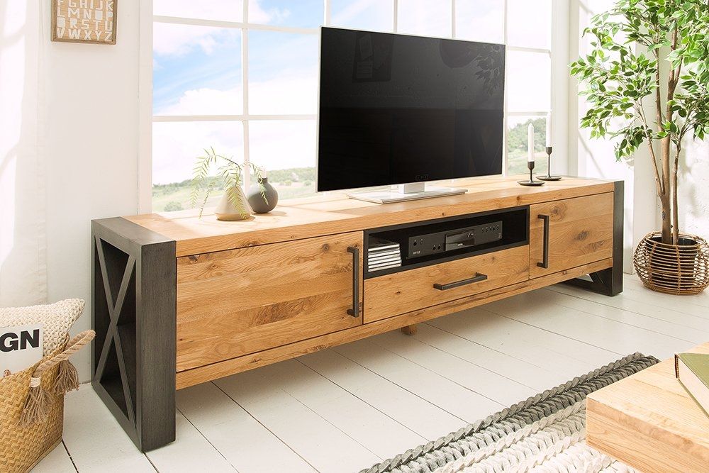 Comoda TV din Lemn masiv de stejar si Metal Maro/ Negru Thor L200xH50cm