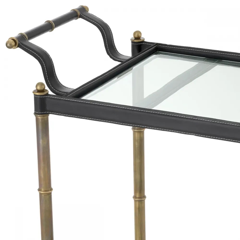 Carucior de servire Dreptunghiulara din Otel inoxidabil/piele Alama/negru si Sticla Transparent L74xl44.5cm Princess Eichholtz