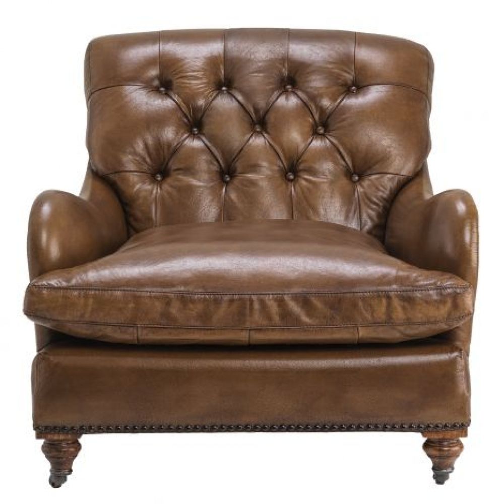 Fotoliu din Piele Maro cu baza din Lemn Maro H76xL75xA70cm Club Caledonian
