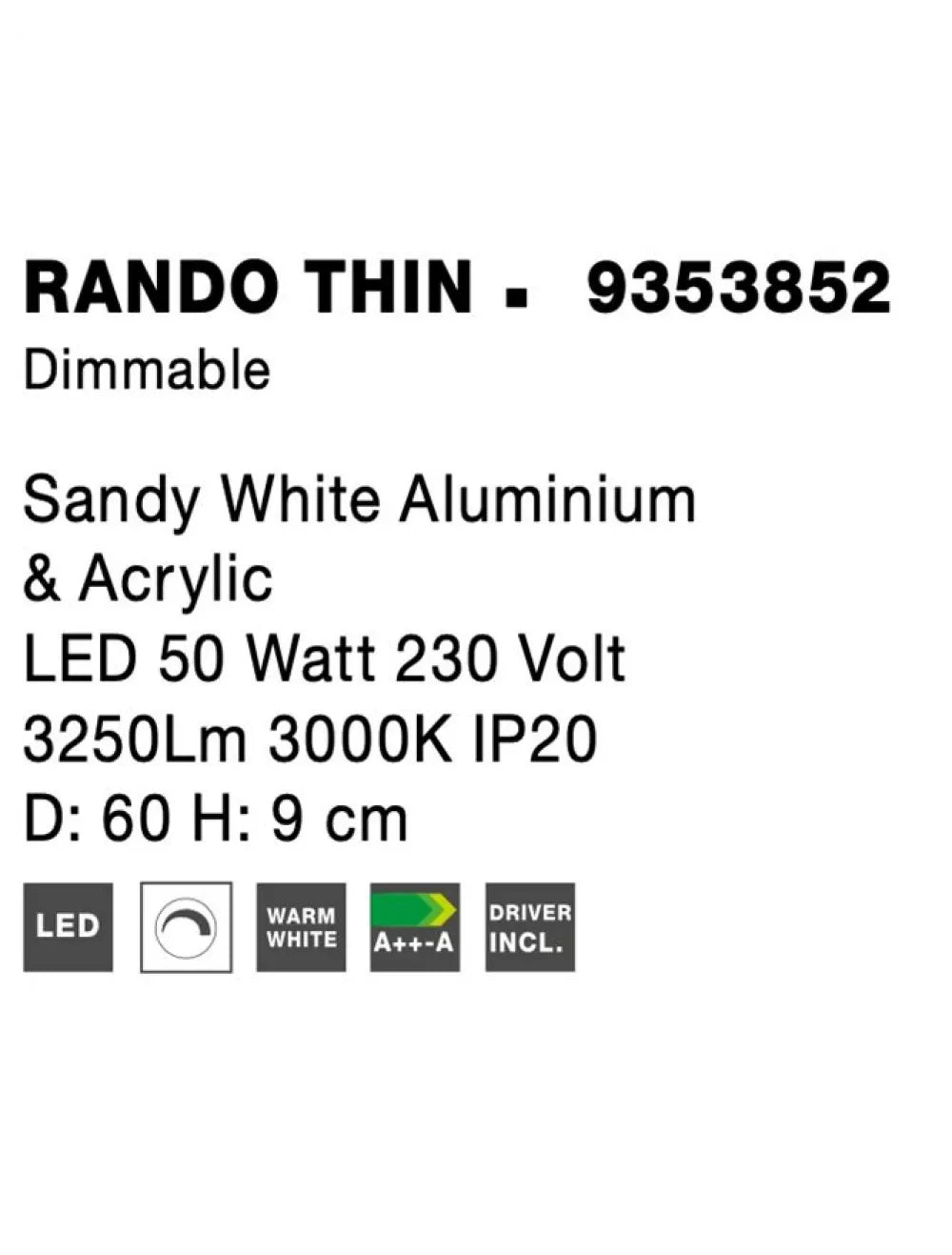 Plafoniera structura din Aluminiu Alb si abajur din Acrilic  H9xL60cm IP20 50W 2864lm 3000k RANDO THIN