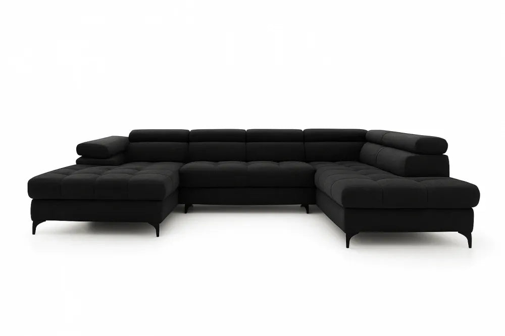 Coltar extensibil in forma de U si spatiu depozitare din catifea negru Ferruce III L344 x 202cm