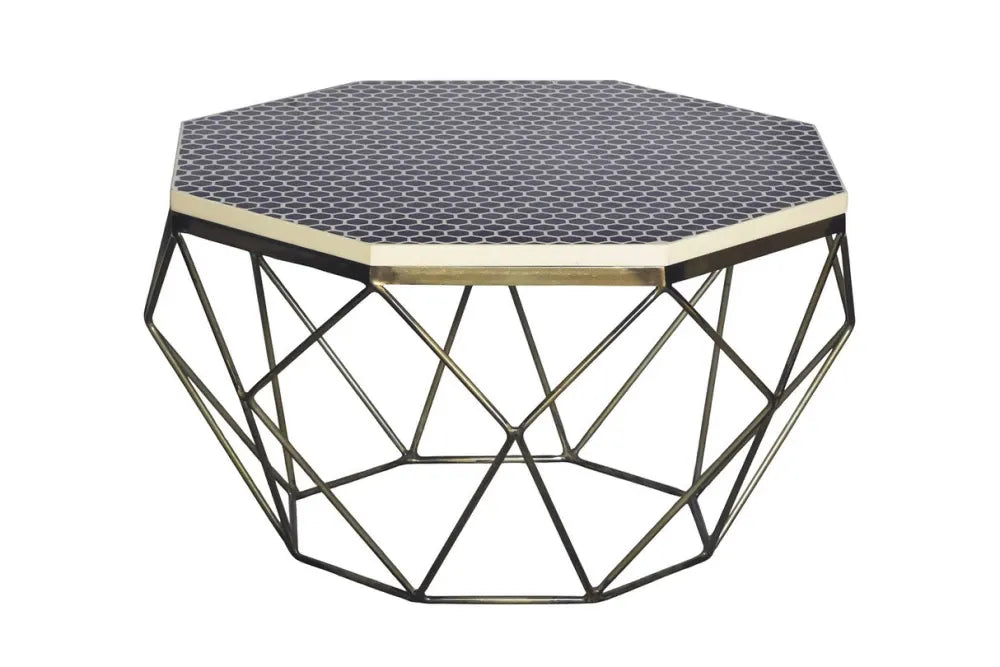 Masuta de cafea din Polirasina/Oase Negru/Alb si Metal Alama L69xH39cm Diamond bone inlay