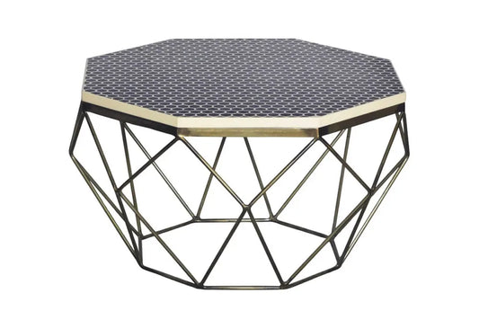 Masuta de cafea din Polirasina/Oase Negru/Alb si Metal Alama L69xH39cm Diamond bone inlay