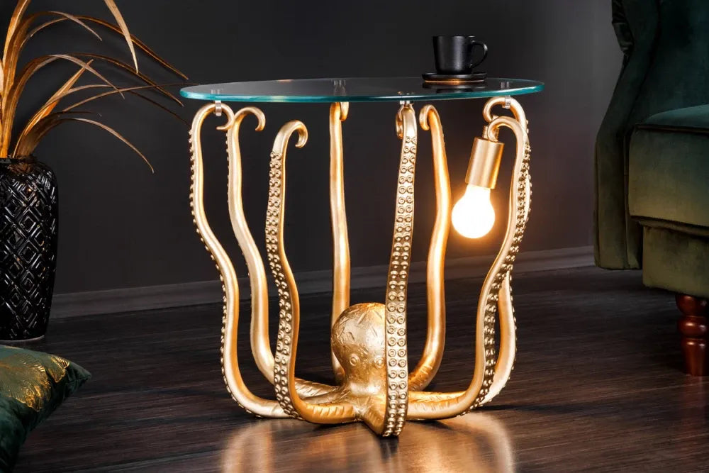 Masuta laterala cu iluminare din Sticla securizata Transparent si Polirasina Auriu L50xH46cm Octopus