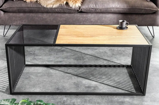 Masuta de cafea Dreptunghiulara din MDF+Sticla securizata Maro si Metal Negru L100xH40cm Architecture