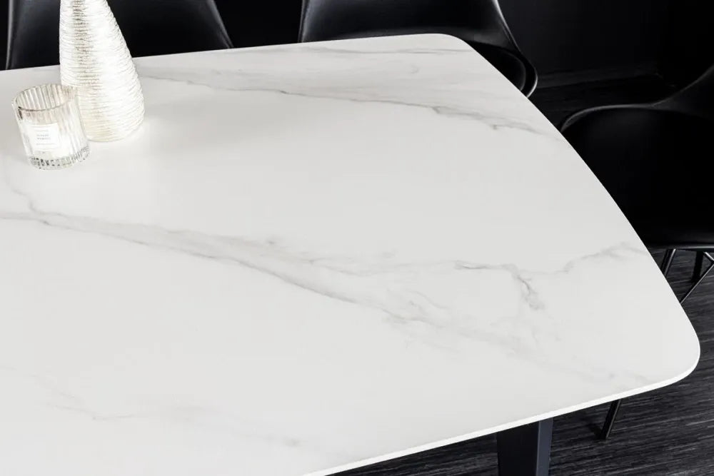 Masa din Ceramica Alb cu efect de marmura si Metal Negru L180xH76cm Milano