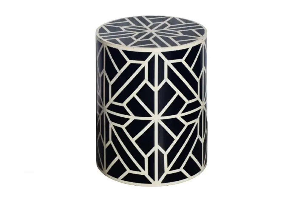 Masuta laterala Rotunda din Polirasina Alb/Negru D35xH46cm Bone Inlay