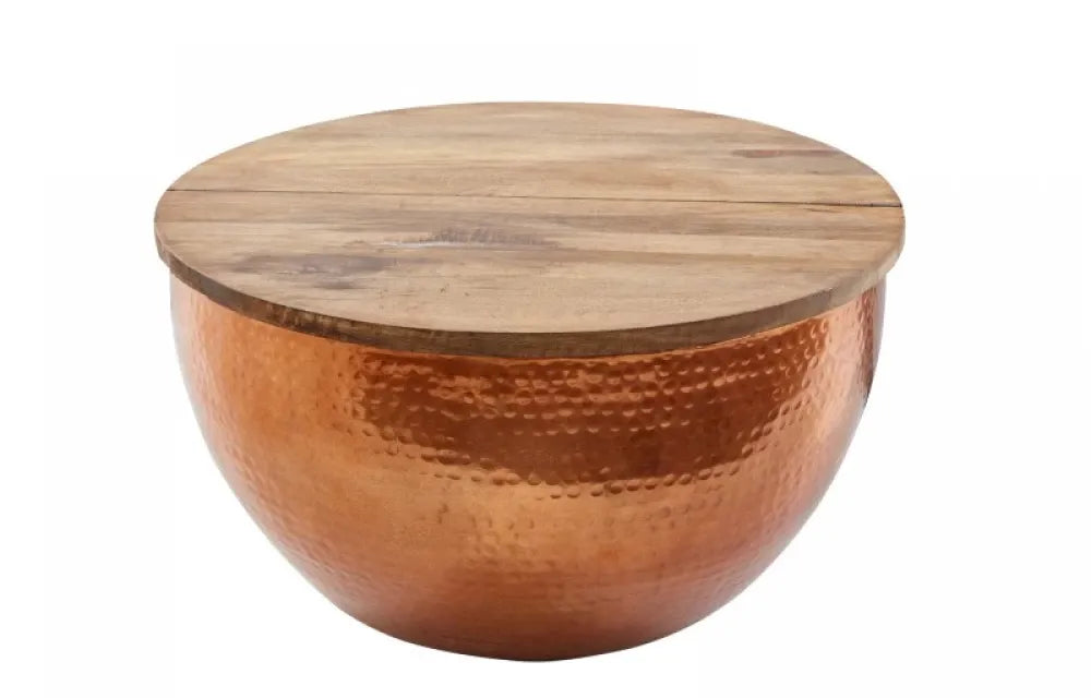 Masuta de cafea Rotunda din Lemn masiv de mango Maro si Metal Cupru D60xH30cm Orient Storage