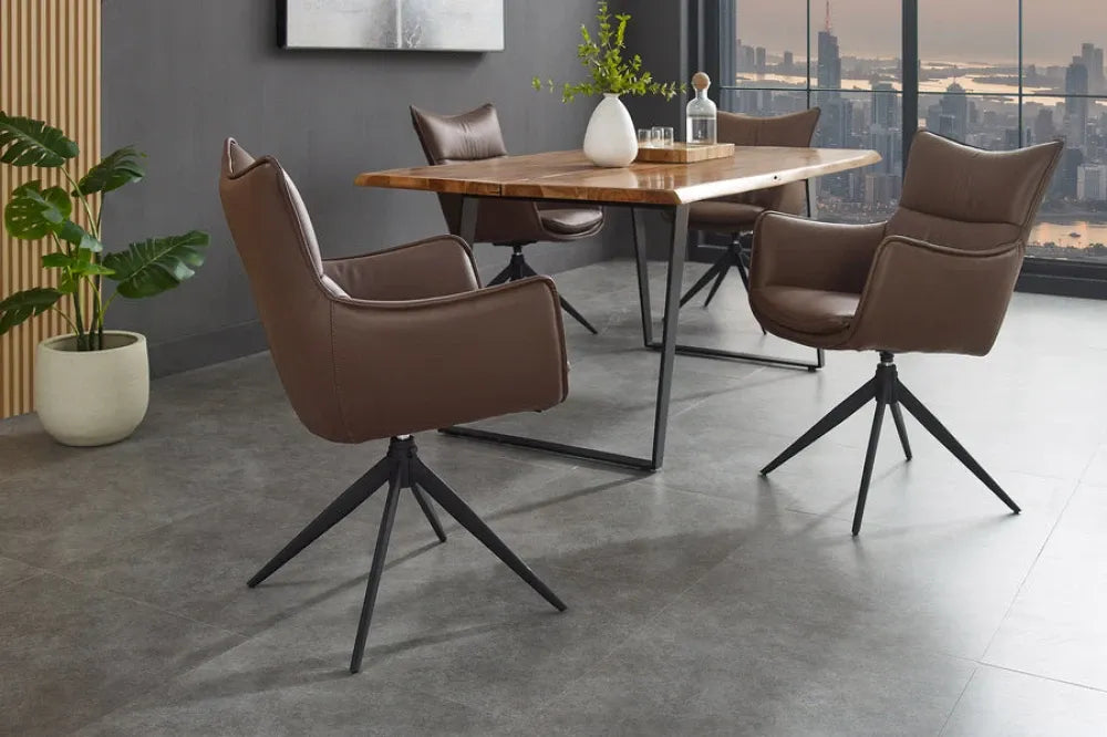Set 2 scaune rotative tapitat cu Piele artificiala Maro si picioare din Metal Negru H92xL60xA64cm VOGUE