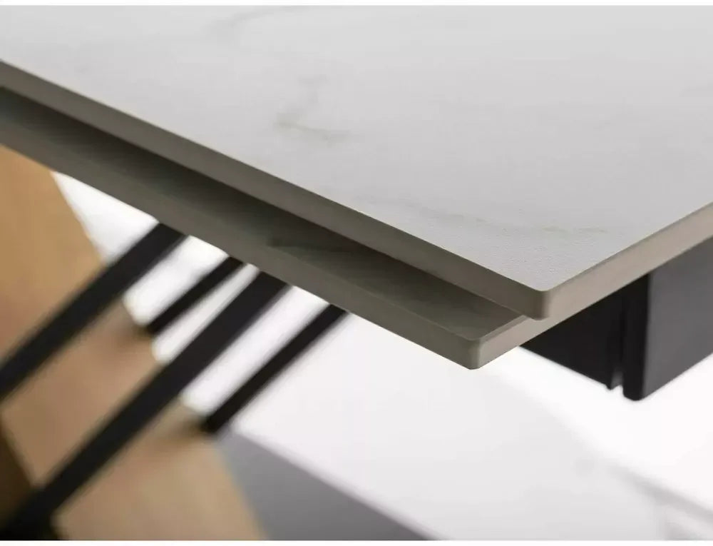 Masa Extensibila de 10 persoane din Ceramica Alb mat cu efect de marmura si Metal+MDF Negru/Maro L160-220xH75cm Genesis