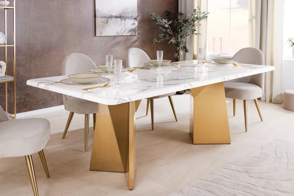 Masa din Marmura Alb si Metal Auriu L200xH76cm Extravagancia