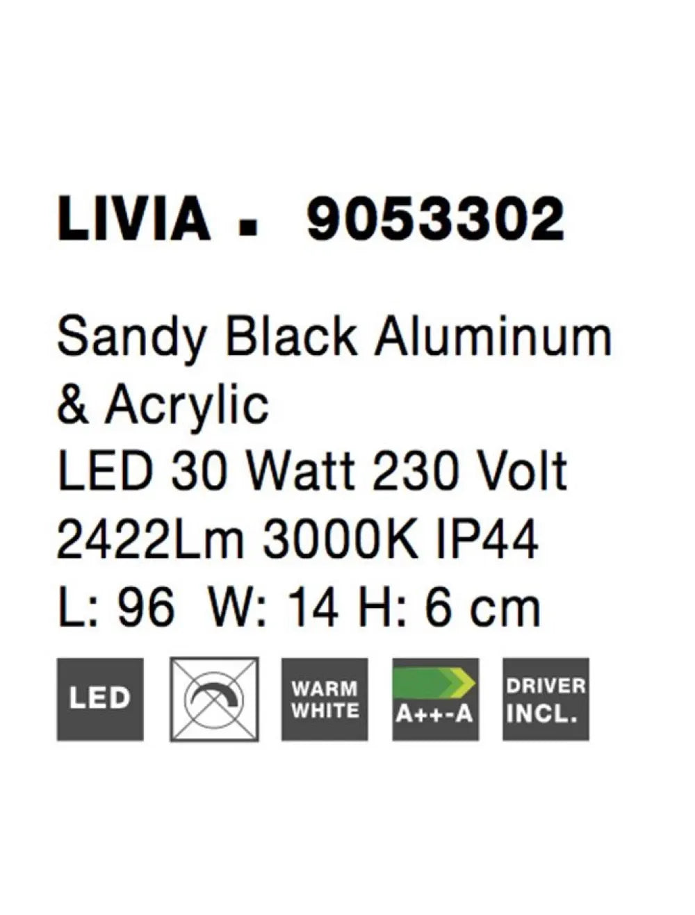 Aplica de perete structura din Aluminiu Negru si abajur din Acrilic Alb H6xL96cm IP44 30W 2422lm 3000k LIVIA